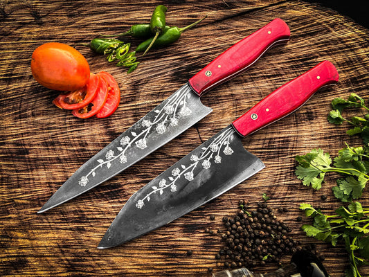 Rose-Etched Chef Knife Set – 2-Piece Floral Blade Design with Red Resin Handles