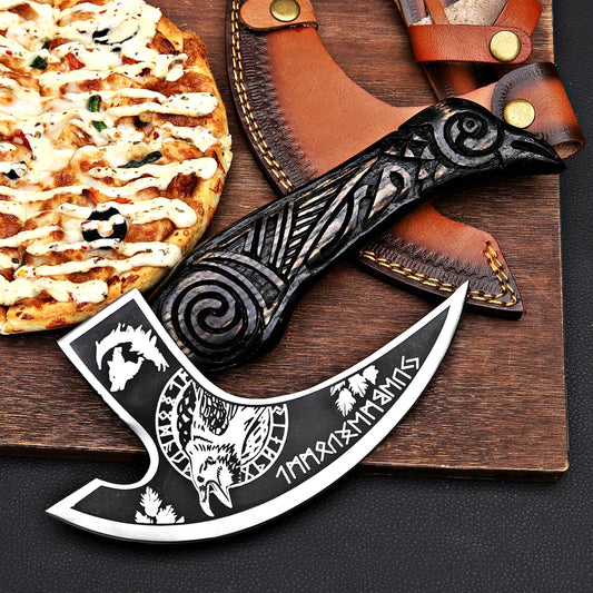 Viking Pizza Cutter – Norse-Inspired Axe Design with Wooden Handle | Hand-Forged Kitchen Tool
