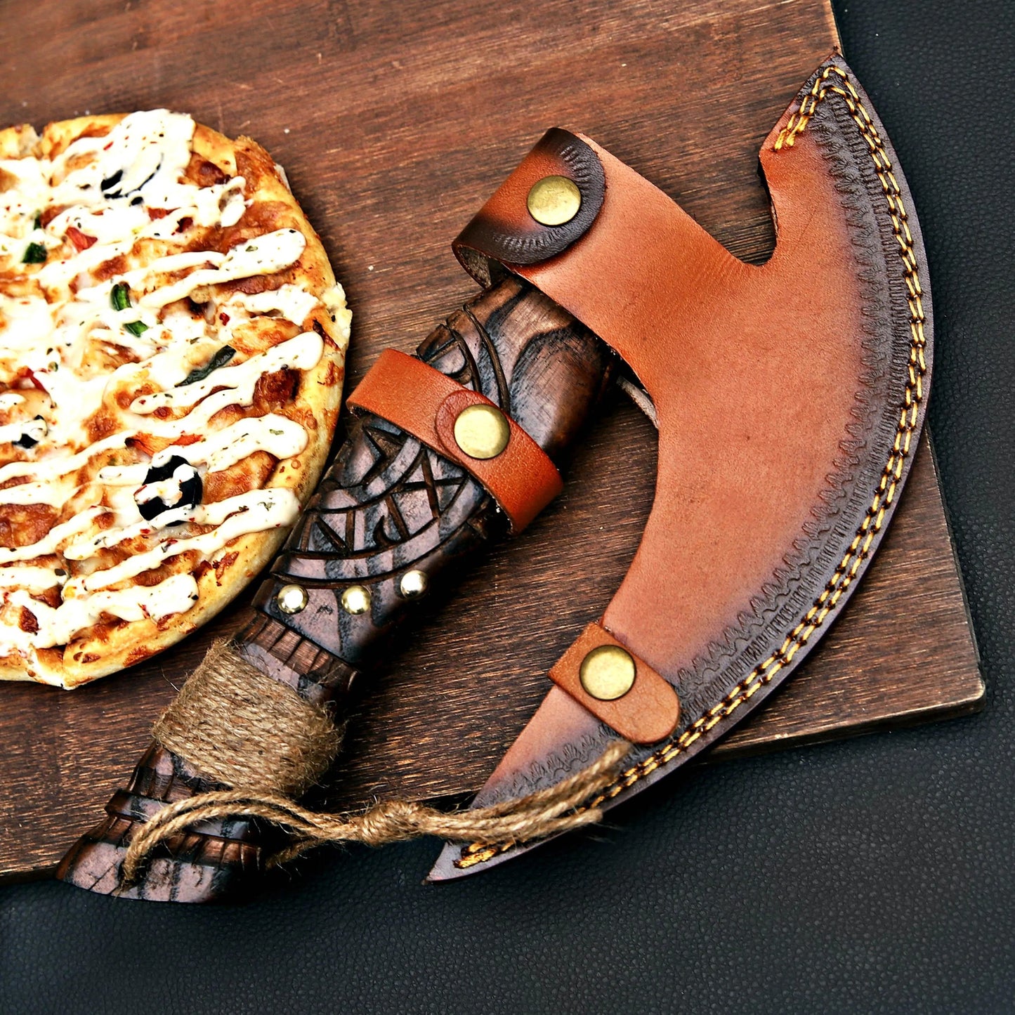 Hand-Forged Viking Pizza Cutter – Rustic Norse-Inspired Blade with Wooden Handle