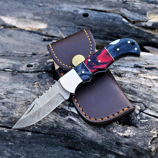 Damascus Steel Folding Pocket Knife – Camping & EDC Tool | Wood Handle & Locking Blade