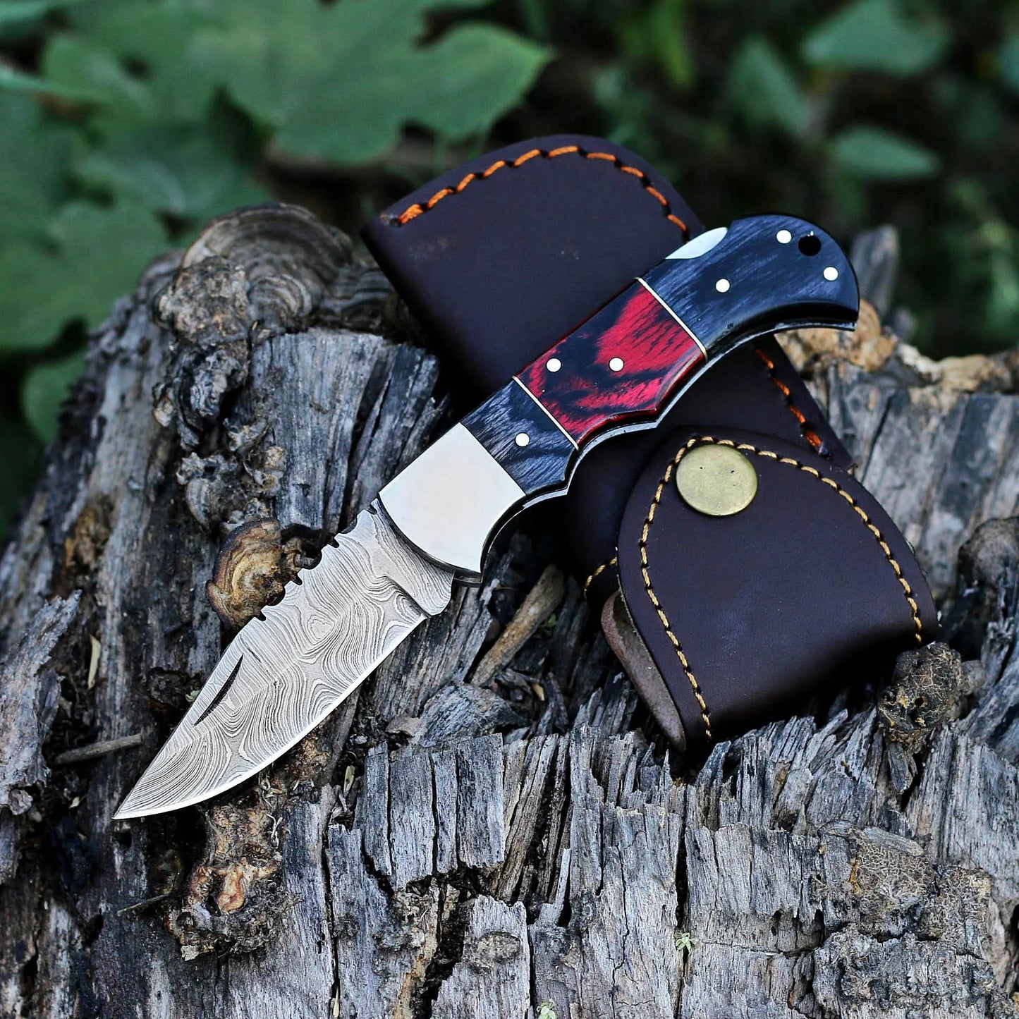Damascus Steel Folding Pocket Knife – Camping & EDC Tool | Wood Handle & Locking Blade