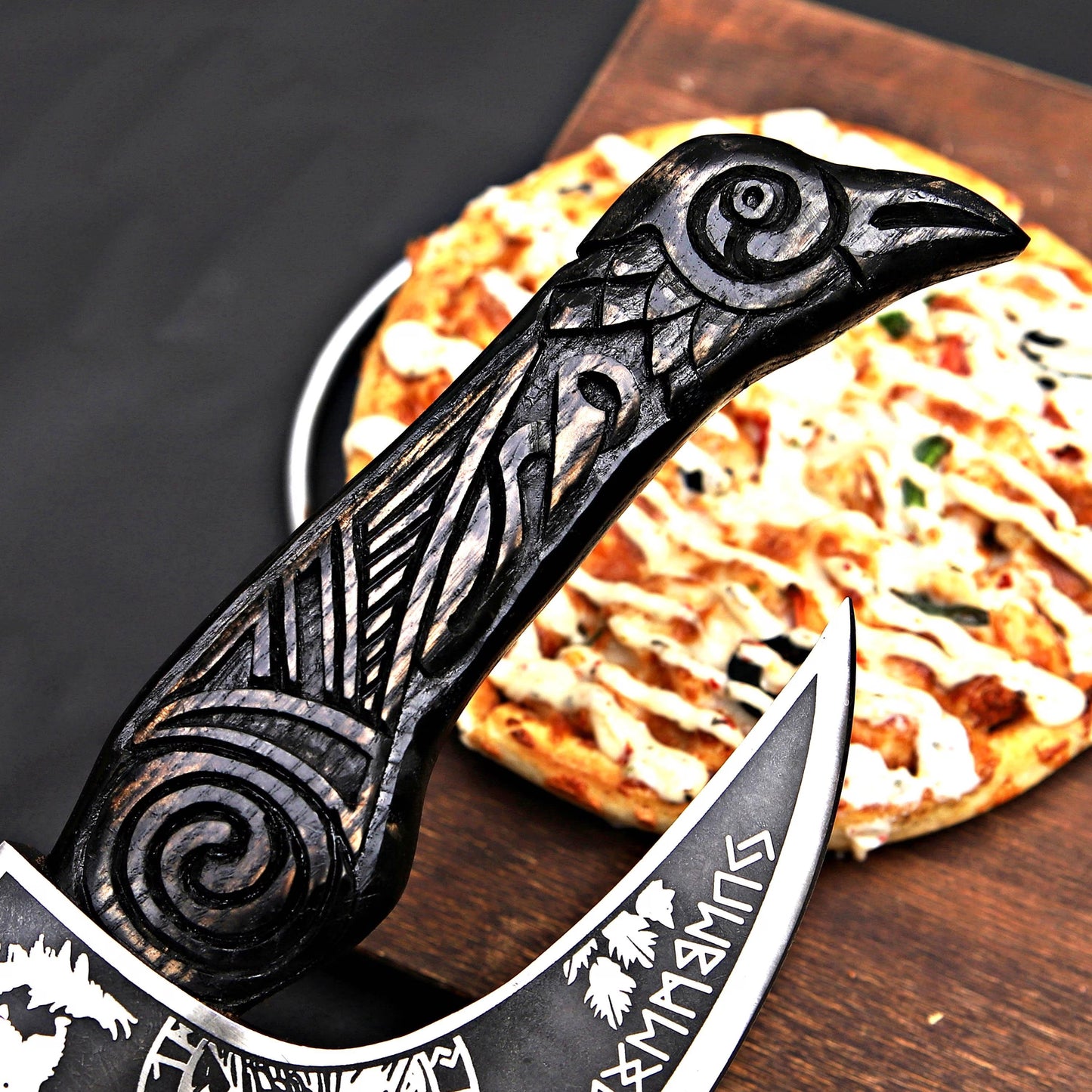 Viking Pizza Cutter – Norse-Inspired Axe Design with Wooden Handle | Hand-Forged Kitchen Tool