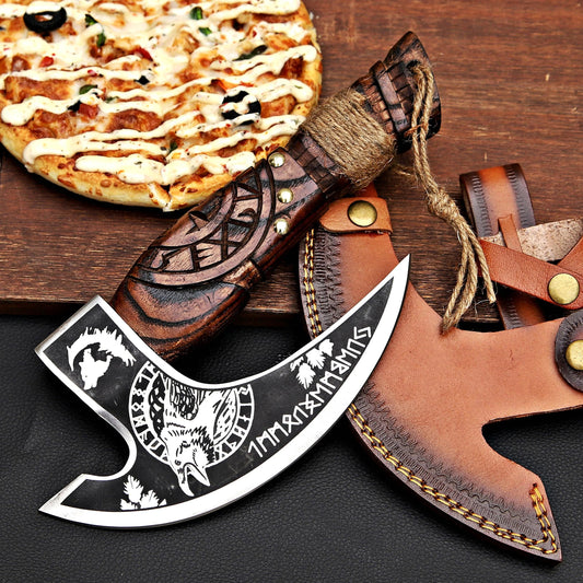 Hand-Forged Viking Pizza Cutter – Rustic Norse-Inspired Blade with Wooden Handle
