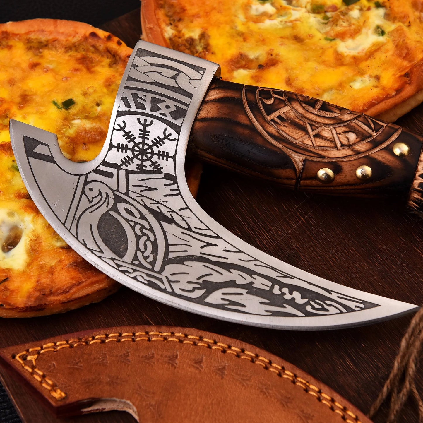 Hand-Forged Viking Pizza Cutter – Battle Axe Style with Wooden Handle | Norse-Inspired Kitchen Tool