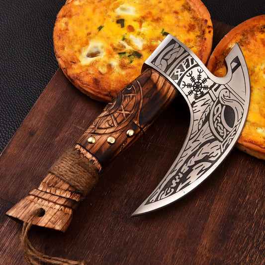 Hand-Forged Viking Pizza Cutter – Battle Axe Style with Wooden Handle | Norse-Inspired Kitchen Tool