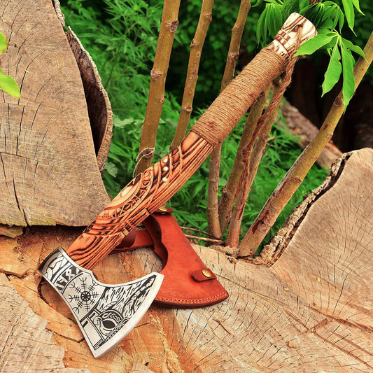 Viking Axe with Engraved Wooden Handle – Hand-Forged Norse Style |