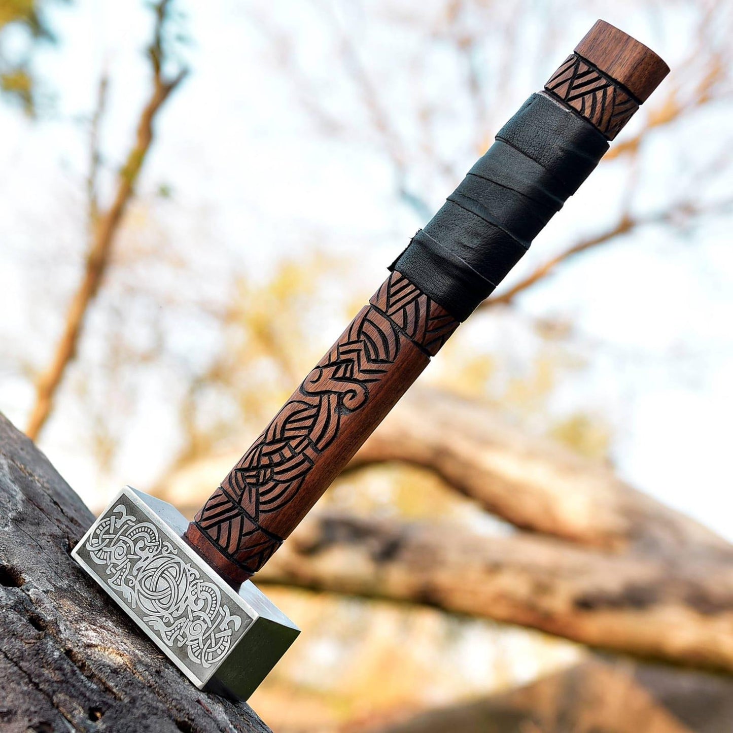 Viking Hammer – Handcrafted with Engraved Wooden Handle