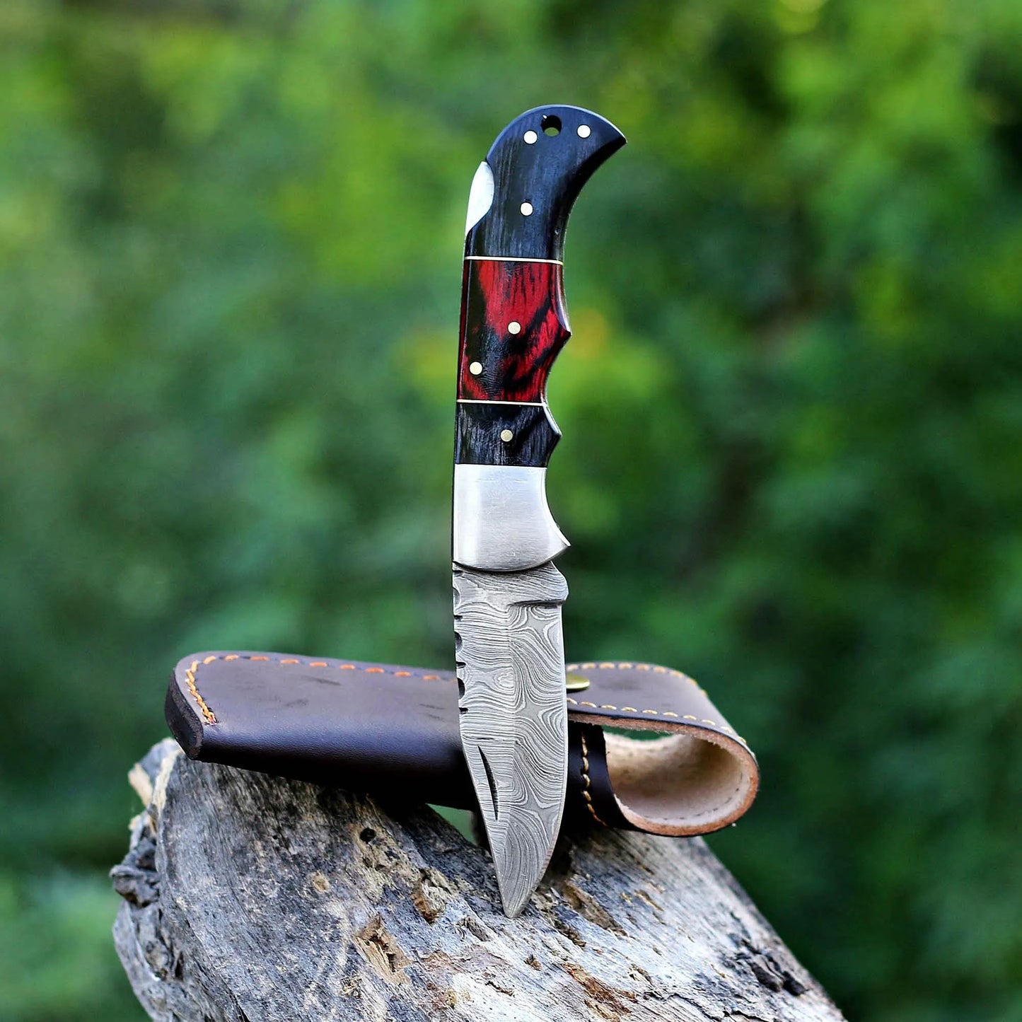 Damascus Steel Folding Pocket Knife – Camping & EDC Tool | Wood Handle & Locking Blade