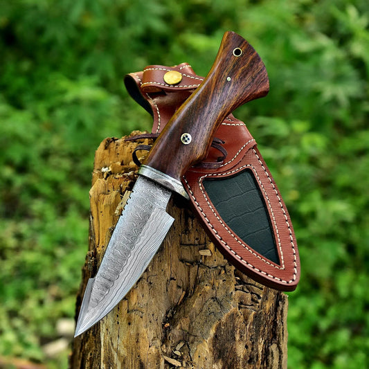 Damascus Bobcat Knife – 10" Fixed Blade with Walnut Handle & Leather Sheath