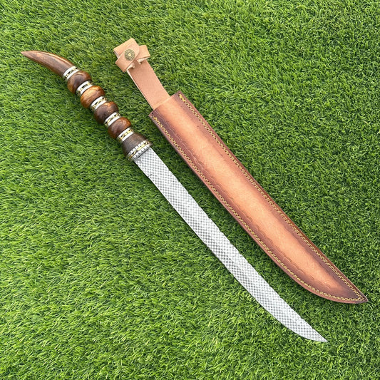Ethnic Jungle Machete Knife – Textured Steel Blade with Stacked Wood Horn Handle & Leather Sheath