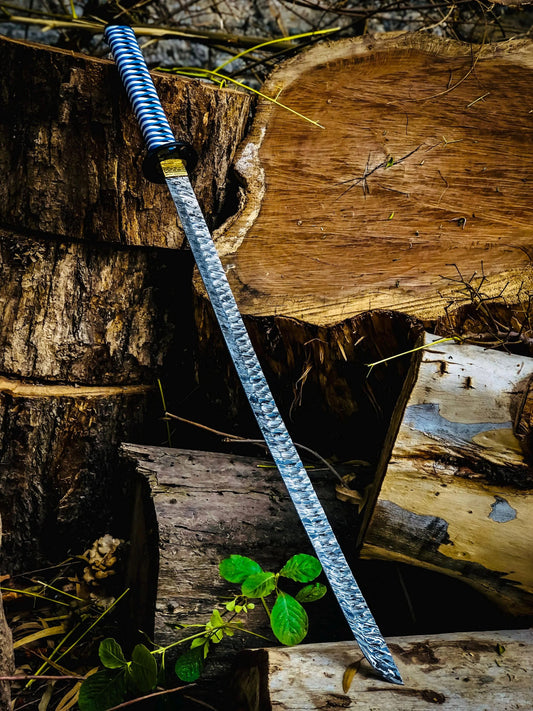 Damascus Steel Katana Sword – Red Lacquered Scabbard & Blue Cord-Wrapped Handle