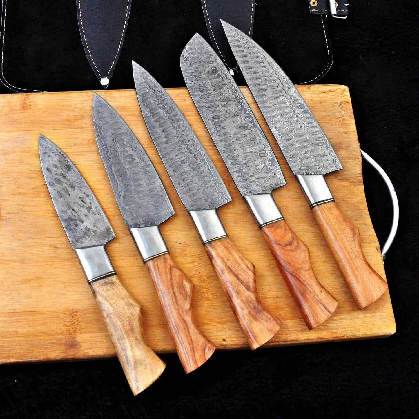 5-Piece Damascus Steel Chef Knife Set – Wood Handle | Handcrafted Professional Kitchen Knives