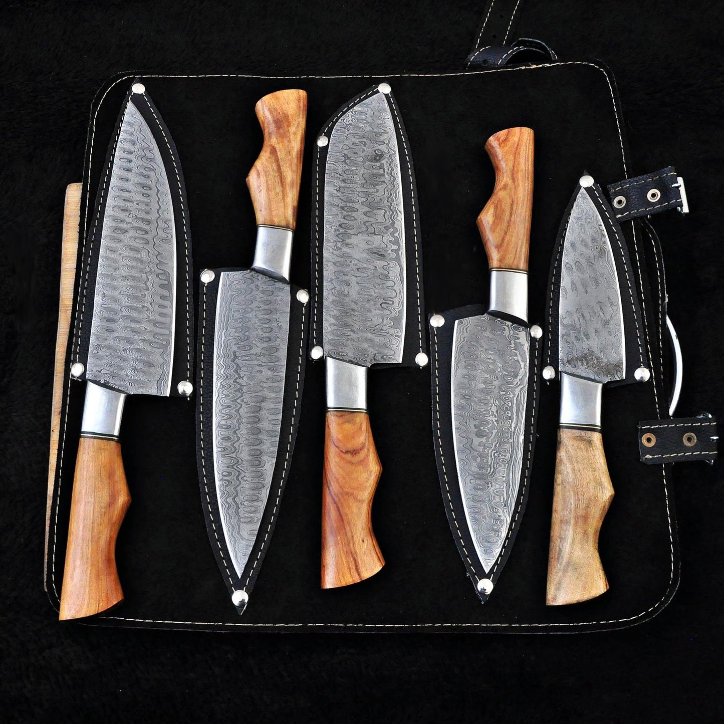 5-Piece Damascus Steel Chef Knife Set – Wood Handle | Handcrafted Professional Kitchen Knives