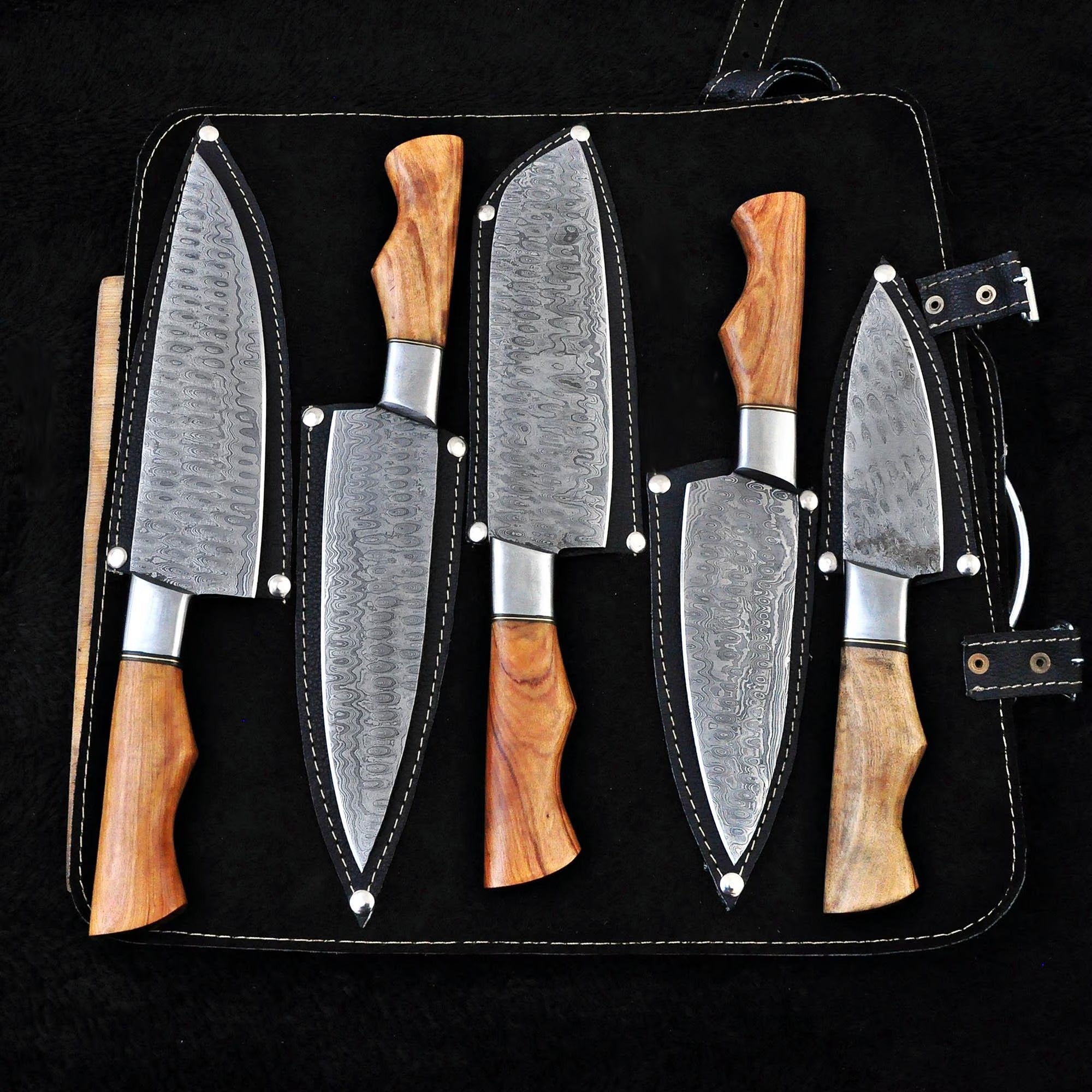 5-Piece Damascus Steel Chef Knife Set – Wood Handle | Handcrafted Professional Kitchen Knives