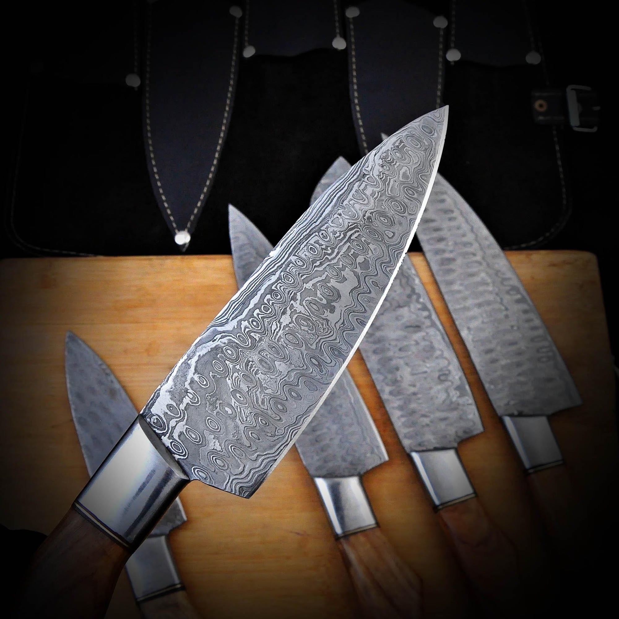 5-Piece Damascus Steel Chef Knife Set – Wood Handle | Handcrafted Professional Kitchen Knives