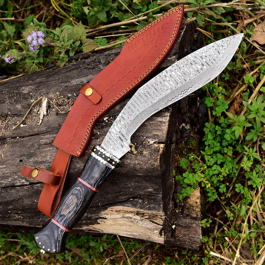Damascus Steel Kukri Knife – Tactical Curve, Handcrafted with Wood Grip