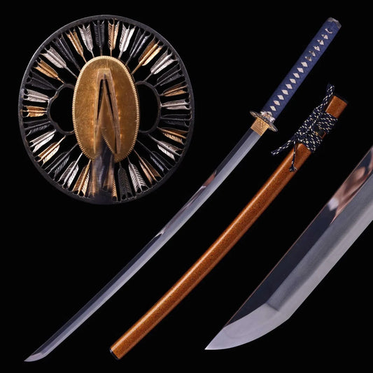 Hand-Forged Katana Sword – Golden Lacquered Scabbard, Arrow Motif Tsuba, & Blue Tsuka Ito Wrap