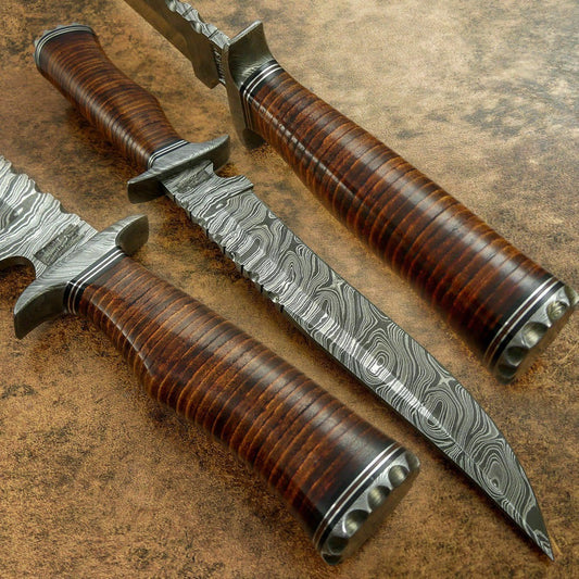 Hand-Forged Damascus Steel Bowie Knife – Leather Handle | Classic Hunting Blade