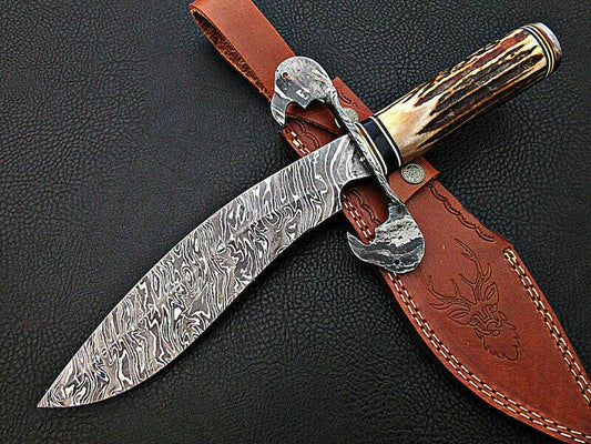 Hand-Forged Damascus Steel Bowie Knife – Stag Horn Handle & Damascus Guard | Premium Hunting Blade